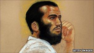 A court drawing of Omar Khadr