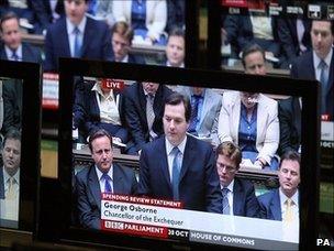 TVs broadcasting George Osborne's spending review speech