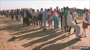 Queues at the polling station in Zevenfontein squatter camp, northern Johannesburg, 1994