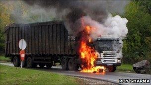 Lorry on fire