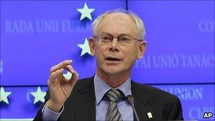 Herman Van Rompuy, president of the European Council, speaks to reporters in Brussels, 28 Oct 10