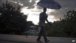 A man walks past Nepal's UN base in Mirebalais, Haiti.