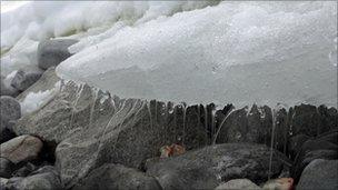 Ice melting on an island off the Antarctic coast