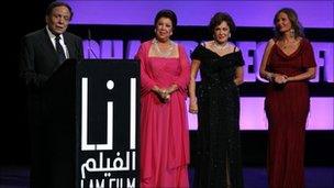 Adel Imam with actresses Raja Al Jiddawi, Lubluba and Yosra at the Doha Tribeca Film Festival, 30 October