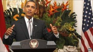 Barack Obama at the Merdeka palace in Jakarta 9 Nov