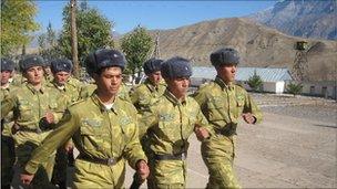 Young recruits marching at Khirmanjo border post on the Afghan border