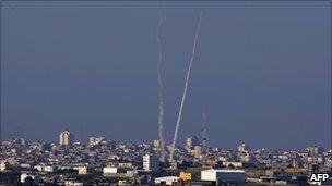 Trails of rockets fired from Gaza – January 2009