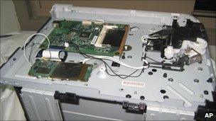 Photo from Dubai police reportedly showing parts of a computer printer with explosives loaded into its toner cartridge found in Dubai, UAE, on-board a cargo plane coming from Yemen, picture taken 30 October 2010