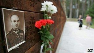 The portrait of an executed Polish officer on a memorial wall near Katyn, western Russia (image from 2005)