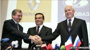 President of Avtovaz Boris Aleshin, Renault CEO Carlos Ghosn, and Sergei Chemezov, head of Russia's state-owned Rostekhnologi corporation, pictured in 2008