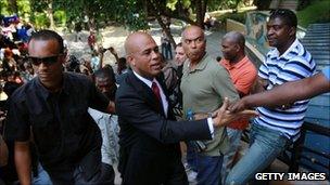 Michel "Micky" Martelly greets supporters (29 November 2010)