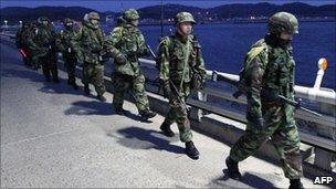 South Korean marines patrol on Yeonpyeong island