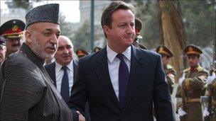 Hamid Karzai and David Cameron in Kabul