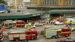 Emergency services outside the main line station at King's Cross on 7 July 2005