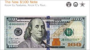 Promotional material for the new $100 bill from the US Bureau of Printing and Engraving