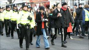 Students marching in Cheltenham