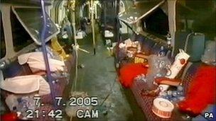 Scene onboard a train between King's Cross and Russell Square tube stations after a bomb blast during the July 7 attacks
