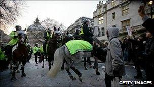 Mounted officers are used to police protest
