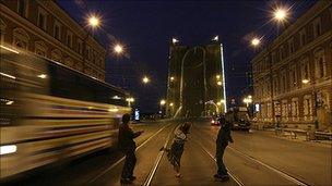 The giant phallus which Voina painted on the Liteiny Bridge in St Petersburg