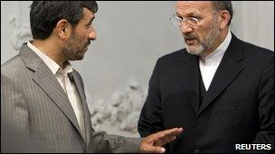 Iran's President Mahmoud Ahmadinejad (L) & former Foreign Minister Manouchehr Mottaki