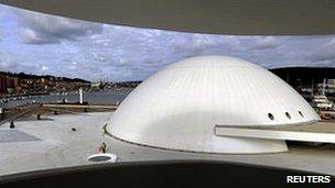 White dome of Niemeyer Centre in Aviles, Spain, with port in the background