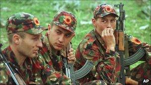 Kosovo Liberation Army (KLA) soldiers in Albania, May 1999