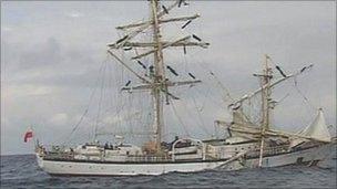 Stricken tall ship Fryderyk Chopin coming in to Falmouth