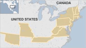 Map showing the 14 affected states in the US (Image: BBC)