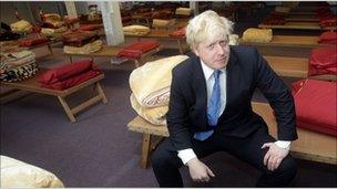Mayor of London Boris Johnson visits a specialist centre for rough sleepers run by the homelessness charity, Crisis, in