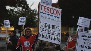 Protests against the Streatham Ice rink development at Lambeth Town Hall in October
