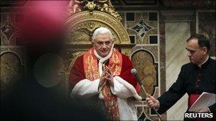 Pope Benedict XVI delivers his Christmas message to the Curia in the Vatican's Regia Hall, 20 December 2010