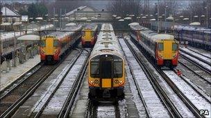 Trains parked at Clapham Junction station in London
