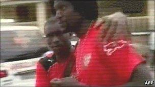 TV grab of Emmanuel Adebayor following the shooting which killed members of the Togolese football team in Cabinda, January 2010.