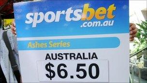 Board showing Sportsbet.com odds on the Ashes
