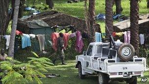 United Nations soldiers in tents in the Golf Hotel's garden,, in Abidjan, Ivory Coast