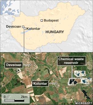 Satellite image showing Devecser and Kolontar