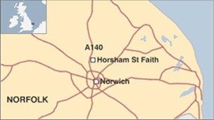 Location of the Norfolk coach crash