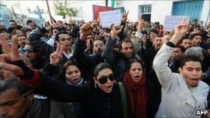 People shout slogans to show their solidarity with the residents of Sidi Bouzid during a demonstration on December 27, 2010 in Tunis.