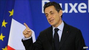 French President Nicolas Sarkozy speaking at the end of the EU summit, Brussels, 17 December 2010
