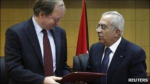 Palestinian Prime Minister Salam Fayyad and EU Representative Christian Berger