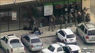 Swat team outside the Texas Bank
