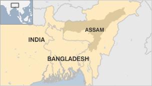 Map of India, showing Assam, and Bangladesh