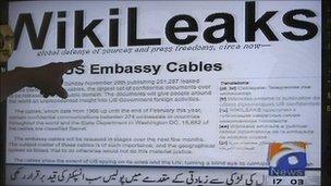 Wikileaks memos on TV screen at electronics shop in Karachi, Pakistan