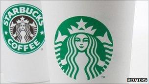 The new Starbucks logo on the right, and the old one on the left