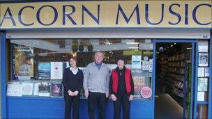 Anna Wood (left), Chris Lowe and 83 year old Mavis Slater from Acorn Records in Yeovil