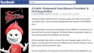 Grab of Doug Reffue's statement on Boston Blazers' Facebook page