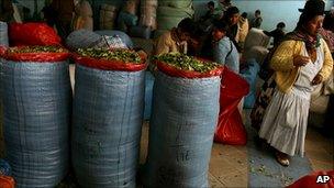 Sacks of coca leaf and indigenous women at a market in La Paz, Bolivia, March 2007