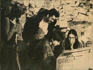 The first Community Memory terminal, at Leopold's Records, Berkeley, CA, 1973. Photo taken by and for the Community Memory Project, first published in the Resource One Newsletter, April 1974, and originally posted to the web in 1996 by Mark Szpakowski