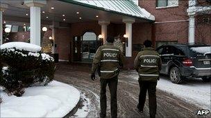 Police at the Chateau Vaudreuil Suites Hotel where it is believed the Trabelsis were staying, just outside Montreal city in Vaudreuil-Dorion, Quebec, Canada, 27 January 2011
