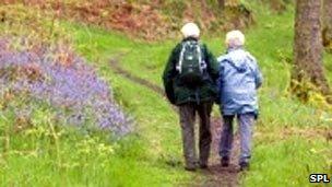 Elderly couple walking